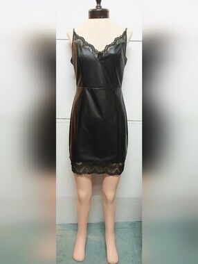Fashion Nova Black Faux Leather Lace-Trim Slip Dress Sz:XL